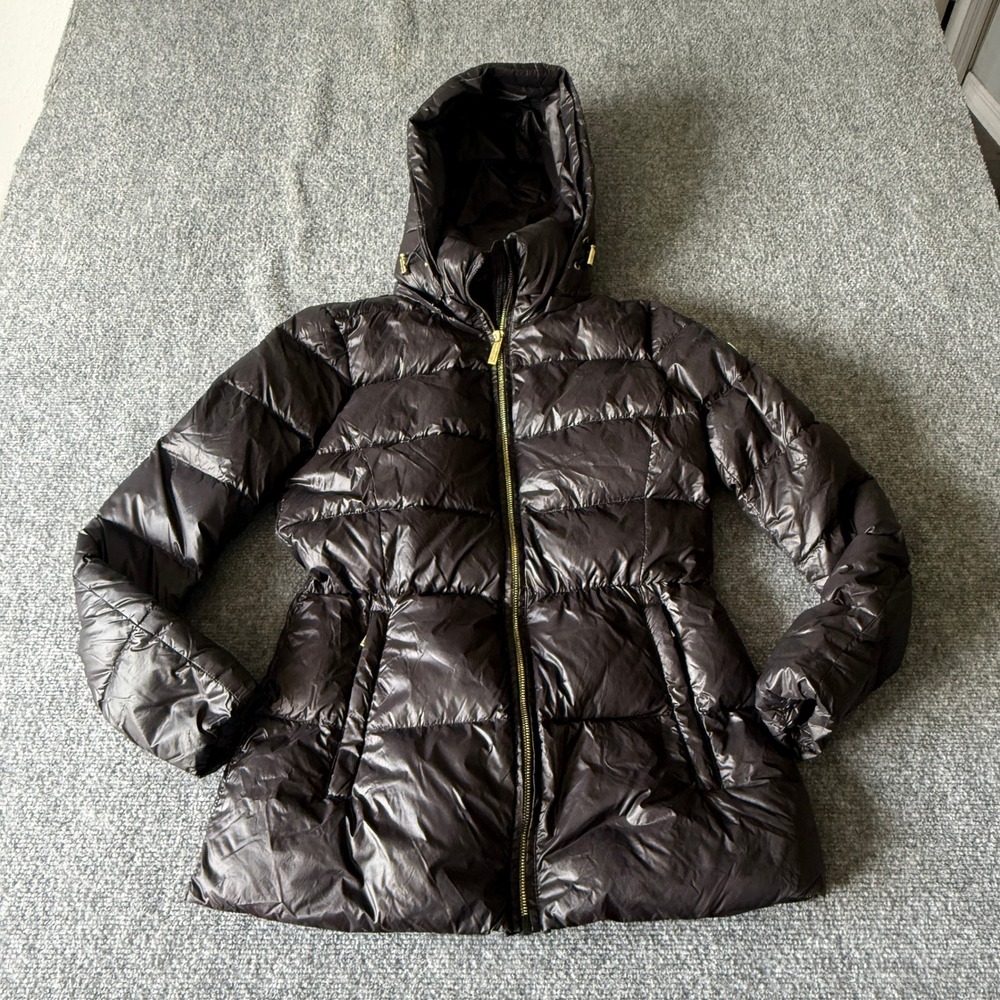 Michael‎ Kors Womens Packable Down Puffer Jacket Black Gold Zip Hooded XS